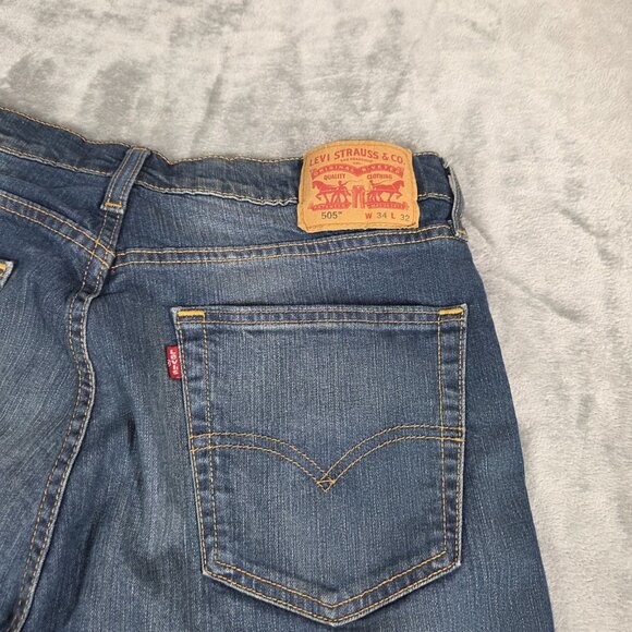 Levis 505 Jeans Mens 34X32 Blue Straight Leg Medium Wash Cotton Stretch Denim - Picture 2 of 7